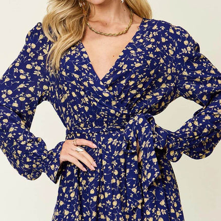 Double Take Full Size Tie Back Flounce Sleeve Dress - MimiStylez