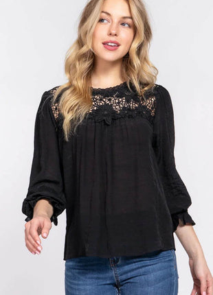 ACTIVE BASIC Crochet Lace Panel Flounce Sleeve Blouse - MimiStylez