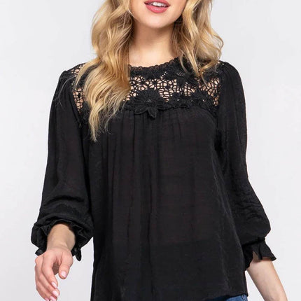 ACTIVE BASIC Crochet Lace Panel Flounce Sleeve Blouse - MimiStylez