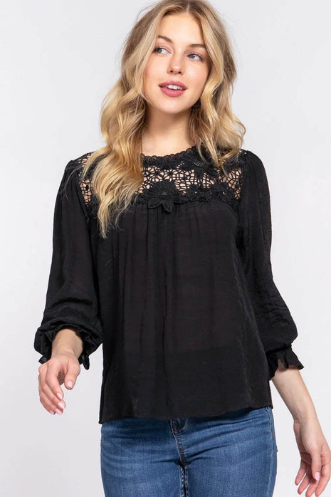 ACTIVE BASIC Crochet Lace Panel Flounce Sleeve Blouse - MimiStylez