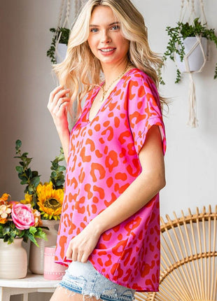 First Love Leopard V-Neck Short Sleeve Woven Top - MimiStylez