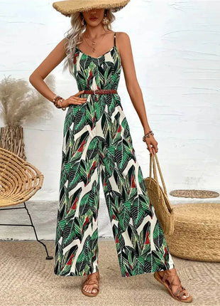 Tropical Print Spaghetti Strap Wide Leg Jumpsuit - MimiStylez