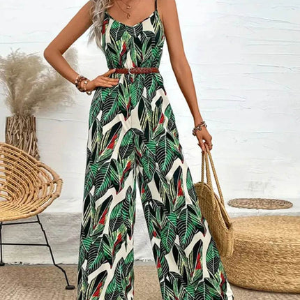 Tropical Print Spaghetti Strap Wide Leg Jumpsuit - MimiStylez