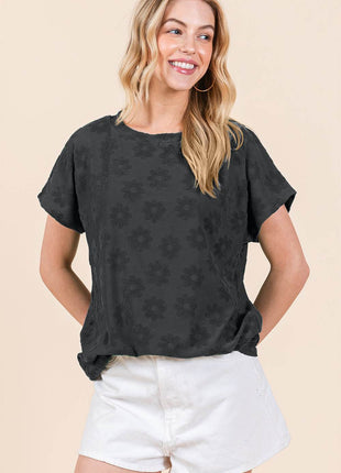 BOMBOM Textured Floral Pattern Short Sleeve T-Shirt - MimiStylez