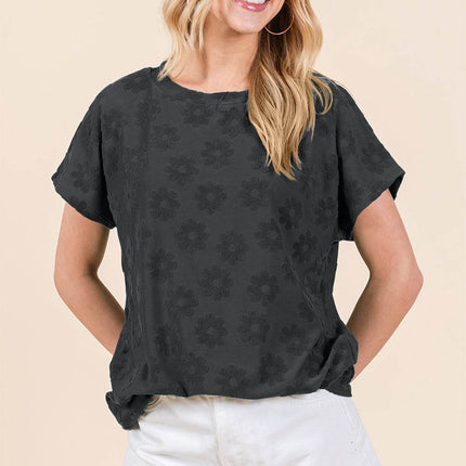 BOMBOM Textured Floral Pattern Short Sleeve T-Shirt - MimiStylez