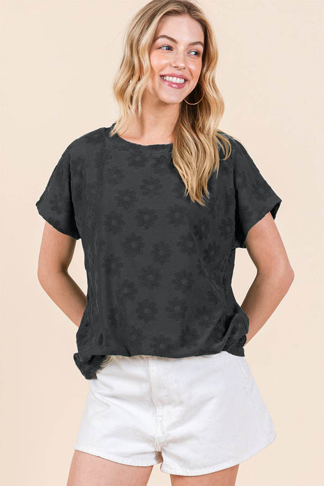 BOMBOM Textured Floral Pattern Short Sleeve T-Shirt - MimiStylez