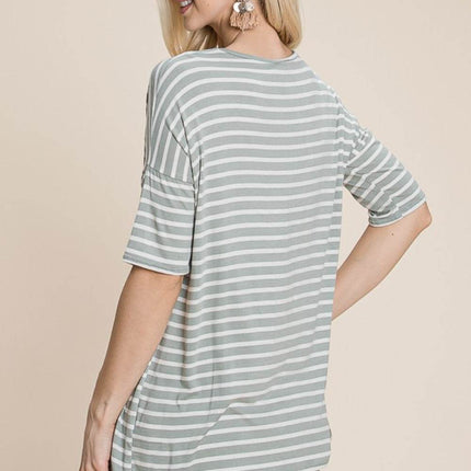 BOMBOM Striped Round Neck T-Shirt - MimiStylez