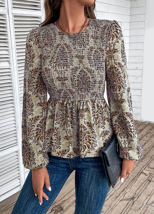 Smocked Printed Balloon Sleeve Blouse - MimiStylez