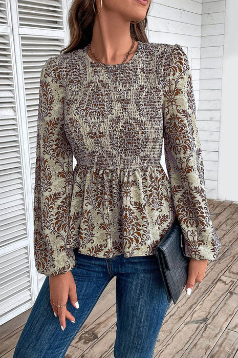 Smocked Printed Balloon Sleeve Blouse - MimiStylez