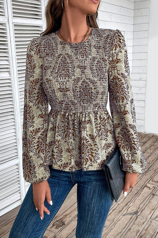 Smocked Printed Balloon Sleeve Blouse - MimiStylez