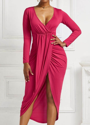 High-low Ruched Surplice Long Sleeve Dress - MimiStylez