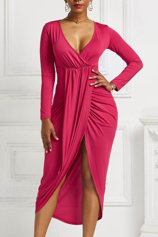 High-low Ruched Surplice Long Sleeve Dress - MimiStylez
