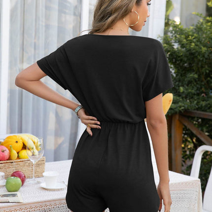 Decorative Button Round Neck Short Sleeve Romper - MimiStylez