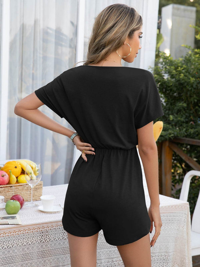 Decorative Button Round Neck Short Sleeve Romper - MimiStylez
