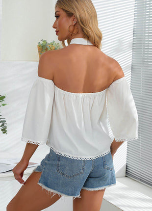 Crochet Halter Neck Cold-Shoulder Blouse - MimiStylez
