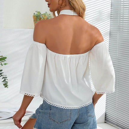 Crochet Halter Neck Cold-Shoulder Blouse - MimiStylez
