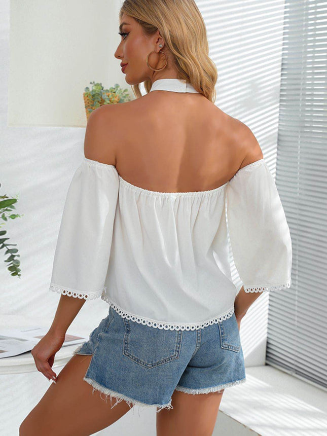 Crochet Halter Neck Cold-Shoulder Blouse - MimiStylez