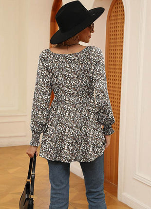 Printed V-Neck Lantern Sleeve Blouse - MimiStylez