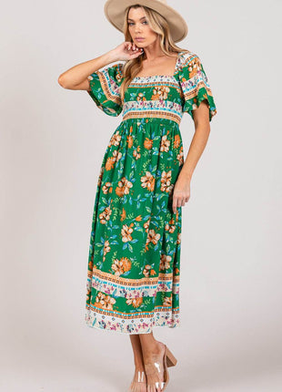 SAGE + FIG Printed Smocked Short Sleeve Midi Dress - MimiStylez