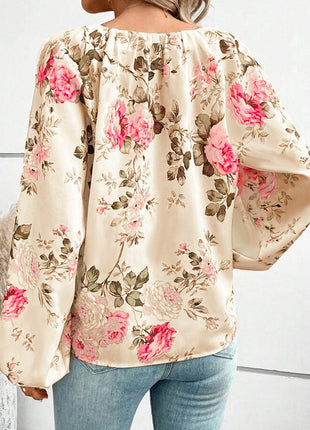 Floral V-Neck Balloon Sleeve Blouse - MimiStylez