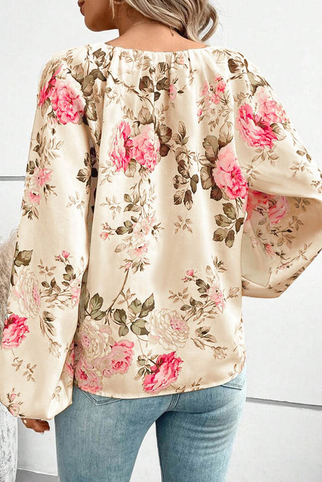 Floral V-Neck Balloon Sleeve Blouse - MimiStylez