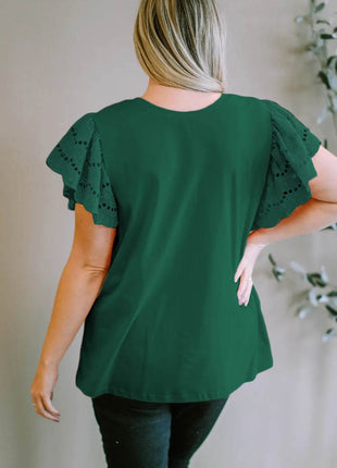 Plus Size Eyelet Round Neck Short Sleeve Blouse - MimiStylez