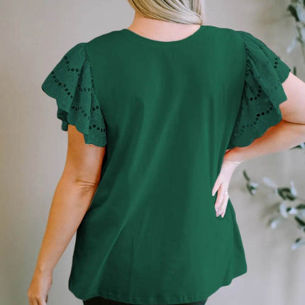 Plus Size Eyelet Round Neck Short Sleeve Blouse - MimiStylez