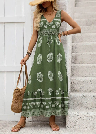 Printed V-Neck Sleeveless Dress - MimiStylez