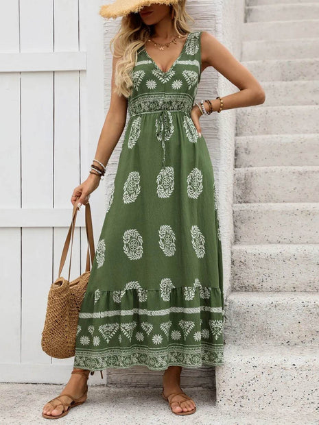 Printed V-Neck Sleeveless Dress - MimiStylez