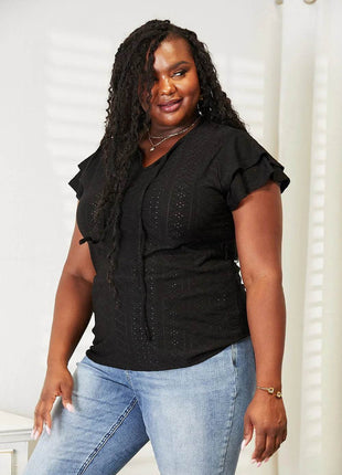 Double Take Eyelet Tie-Neck Flutter Sleeve Blouse - MimiStylez
