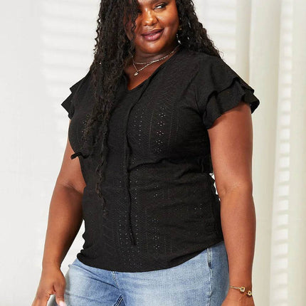 Double Take Eyelet Tie-Neck Flutter Sleeve Blouse - MimiStylez