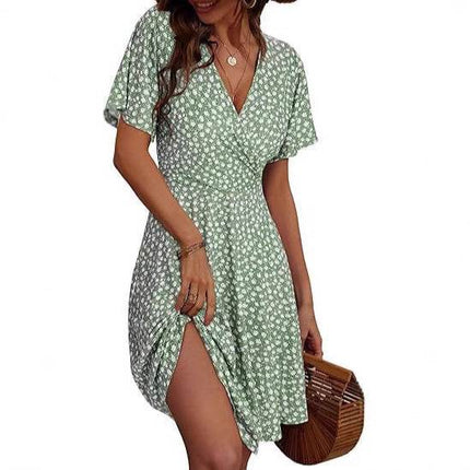 V-neck A Line Mid-length Dress Printing - MimiStylez