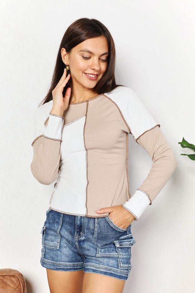 Double Take Color Block Exposed Seam Top - MimiStylez
