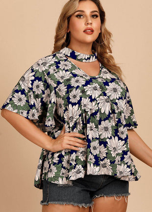 Plus Size Floral Flutter Sleeve Cutout Blouse - MimiStylez