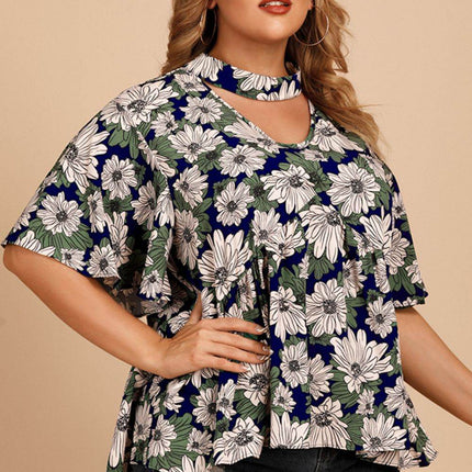 Plus Size Floral Flutter Sleeve Cutout Blouse - MimiStylez