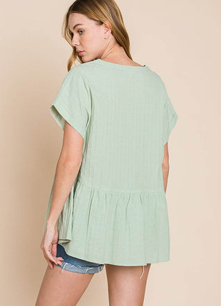 Cotton Bleu by Nu Lab Ruched Notched Short Sleeve Blouse - MimiStylez