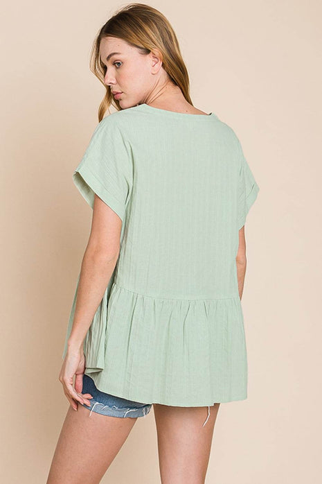 Cotton Bleu by Nu Lab Ruched Notched Short Sleeve Blouse - MimiStylez