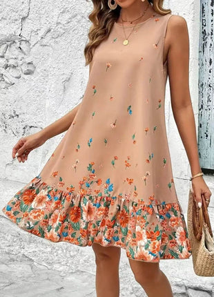 Ruffled Hem Floral Sleeveless Mini Tank Dress - MimiStylez