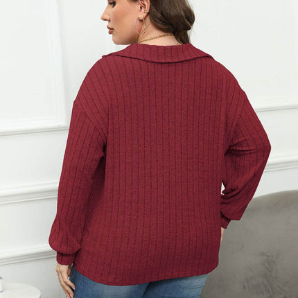 Plus Size Ribbed Collared Neck Long Sleeve Blouse - MimiStylez