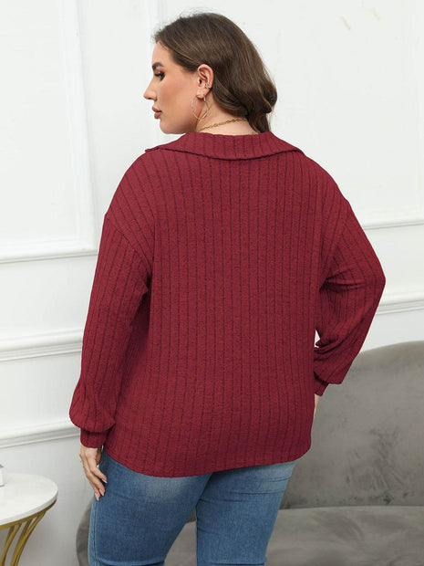 Plus Size Ribbed Collared Neck Long Sleeve Blouse - MimiStylez