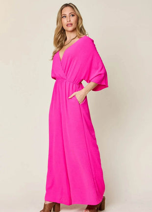 Double Take Full Size Surplice Wide Leg Jumpsuit with Pockets - MimiStylez