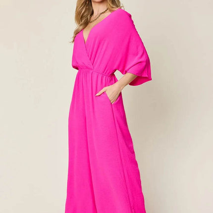 Double Take Full Size Surplice Wide Leg Jumpsuit with Pockets - MimiStylez