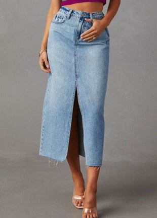Slit Raw Hem Midi Denim Skirt - MimiStylez