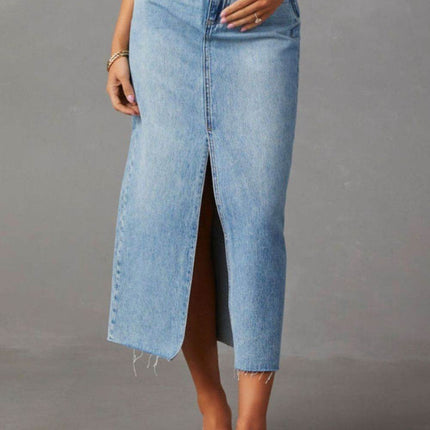 Slit Raw Hem Midi Denim Skirt - MimiStylez