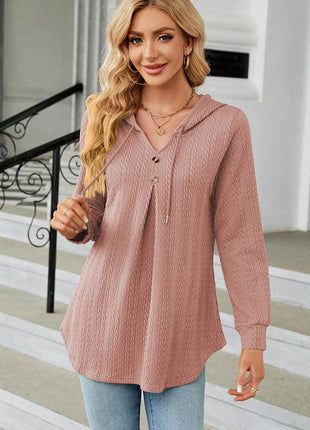 Decorative Button Drawstring Long Sleeve Hoodie - MimiStylez