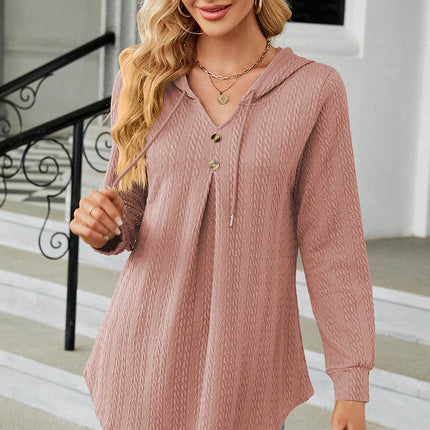 Decorative Button Drawstring Long Sleeve Hoodie - MimiStylez
