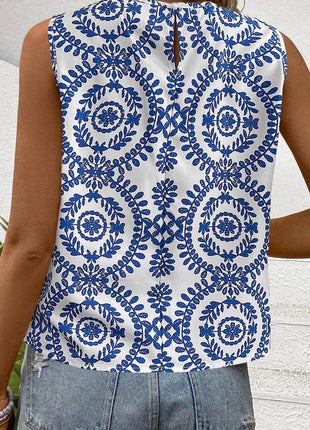 Printed Crew Neck Sleeveless Top - MimiStylez