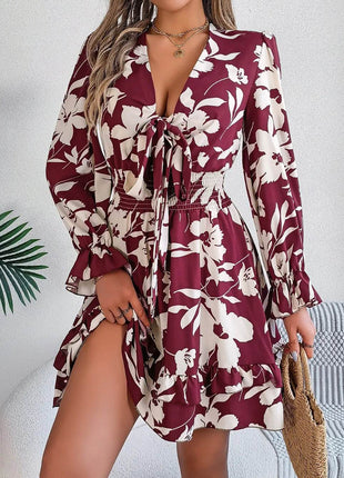 Tied Ruffled Printed Long Sleeve Dress - MimiStylez