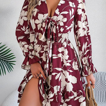 Tied Ruffled Printed Long Sleeve Dress - MimiStylez