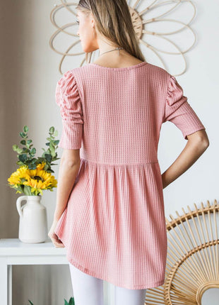 Heimish Full Size Waffle Knit V-Neck Babydoll Top - MimiStylez
